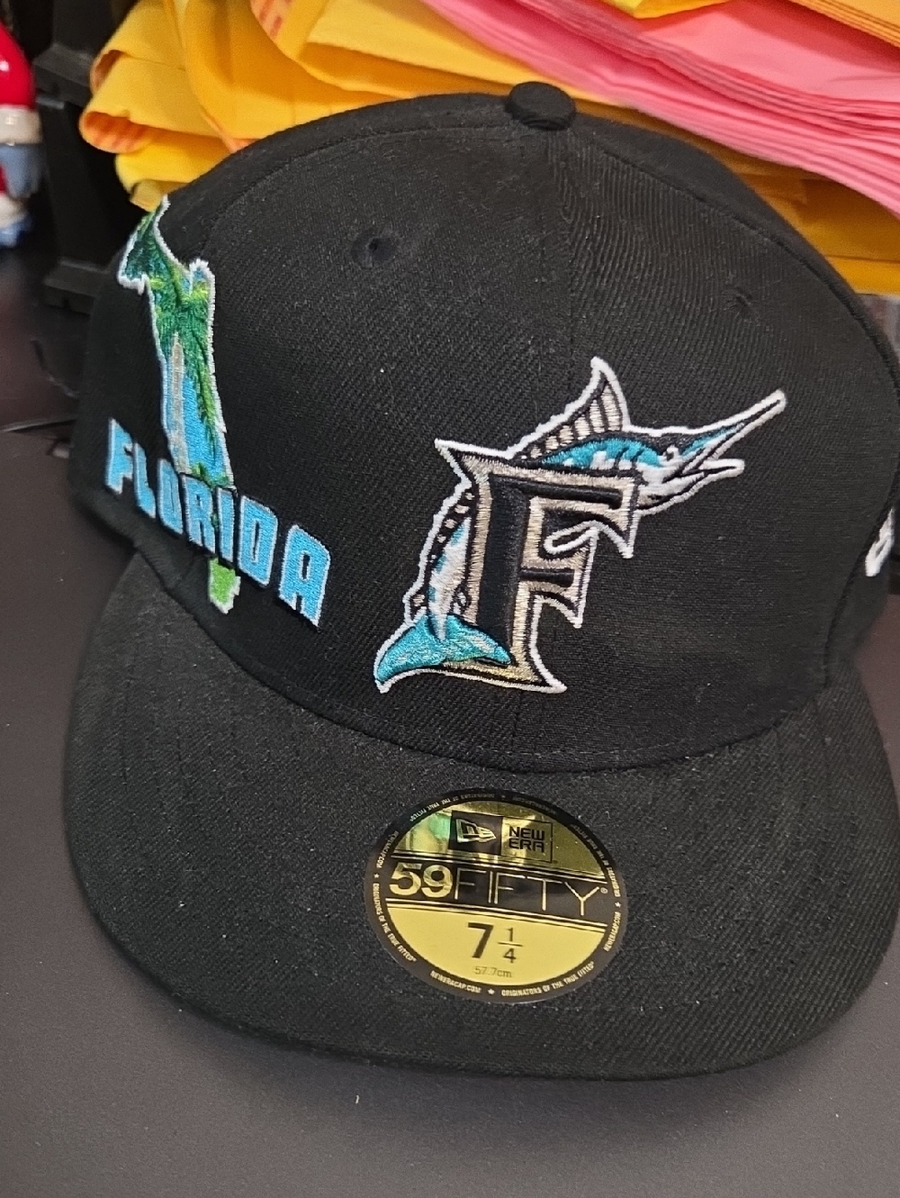 New Era Black Florida Marlins F Logo Fitted Cap with Aqua Accents